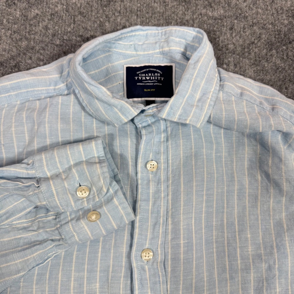 Charles Tyrwhitt Button Down Slim Fit Mens S Light Blue 100% Linen EUC